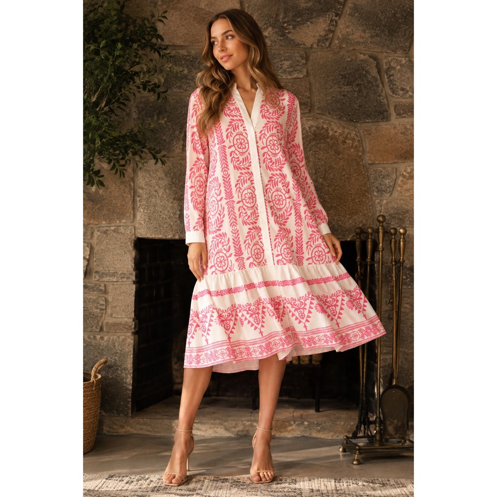 Goodnight Macaroon S Pink White Floral Midi Dress Button Front Boho Resort